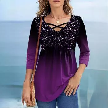 Лето-Весна женская модная футболка с принтом и перекрещивающимися бретелями, семь рукавов S чёрный