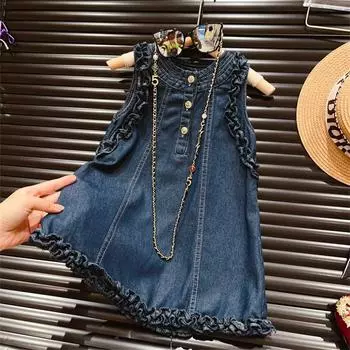 Лето-весна для девочек Bear Leader Fungus Edge однотонное классическое джинсовое платье-жилет без рукавов на трех пуговицах 140cm синий