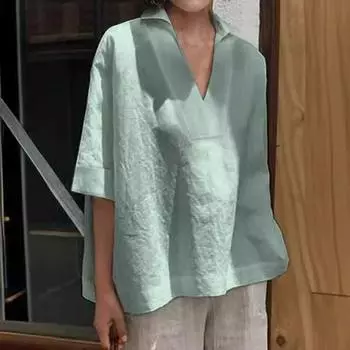 Лето-весна хлопок лен женский топ белый однотонный короткий рукав V-образный вырез свободная повседневная блузка женская рубашка женская одежда XXXXXL белый