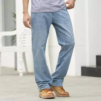 Лето-весна, мягкие мужские джинсы, модные свободные прямые брюки, повседневные брюки с талией, большие размеры 28-30 29 синий