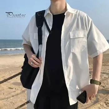 Лето-весна мужская рубашка-карго с отложным воротником, однобортная, свободная, однотонная, с короткими рукавами, уличная рабочая одежда, офисный топ M чёрный