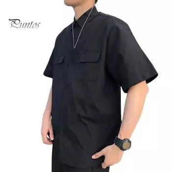 Лето-весна мужская рубашка-карго с отложным воротником, однобортная, свободная, однотонная, с короткими рукавами, уличная рабочая одежда, офисный топ M зелёный