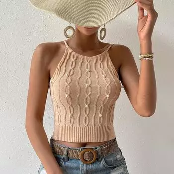 Лето-весна, однотонный женский вязаный жилет с голым животом, укороченный топ S чёрный