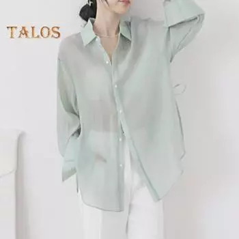 Лето-весна женская куртка Тонкая солнцезащитная защита от УФ-лучей Быстросохнущая охлаждающая сплошная цветная лацкан Однобортная рубашка на шнуровке с длинным рукавом Велоспорт Офис S абрикосовый