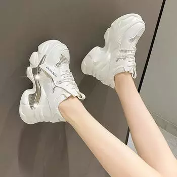 Лето-весна женские толстые кроссовки на шнуровке белые черные кожаные туфли на высокой платформе 8 см дышащие повседневные спортивные туфли для папы 35