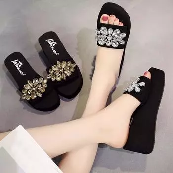 Лето-весна, женские туфли для девочек, сандалии на танкетке с кристаллами, тапочки, пляжная обувь 35 золотой