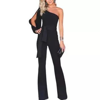 Лето-весна женский комбинезон на одно плечо с одним рукавом с разрезом на шнуровке узкая талия с широкими штанинами чистый цвет формальный стиль вечерние выпускной банкетный длинный комбинезон 3XL