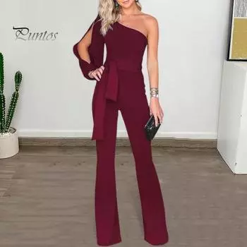 Лето-весна женский комбинезон на одно плечо с одним рукавом с разрезом на шнуровке узкая талия с широкими штанинами чистый цвет формальный стиль вечерние выпускной банкетный длинный комбинезон M чёрный