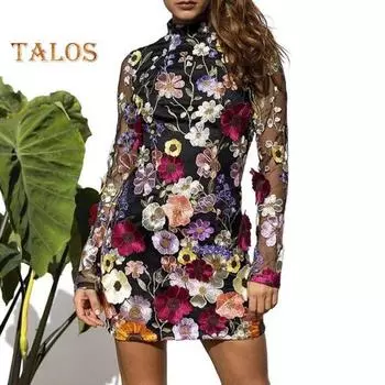 Лето-весна женское платье Красочная цветочная вышивка Кружева Прозрачная сетка с длинными рукавами Slim Fit Оболочка с воротником-стойкой Пром-вечеринка для поездок на работу Мини-платье M абрикосовый