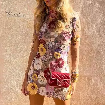 Лето-весна женское платье Красочная цветочная вышивка Кружева Прозрачная сетка с длинными рукавами Slim Fit Оболочка с воротником-стойкой Пром-вечеринка для поездок на работу Мини-платье M абрикосовый