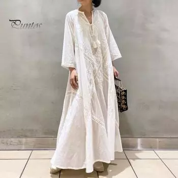 Лето-весна женское платье на шнуровке с кисточками трапециевидной формы свободное ретро с длинными рукавами и цветочной вышивкой с V-образным вырезом до щиколотки отпуск пляжное платье макси белый