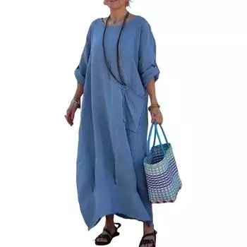 Лето-весна женское платье с круглым вырезом и длинным рукавом свободное однотонное прямое платье до щиколотки повседневная домашняя одежда макси-платье 2XL