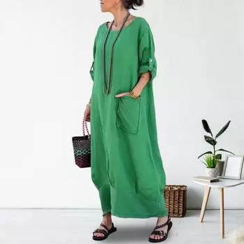 Лето-весна женское платье с круглым вырезом и длинным рукавом свободное однотонное прямое платье до щиколотки повседневная домашняя одежда макси-платье 2XL синий