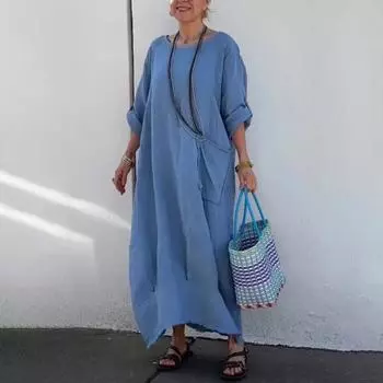 Лето-весна женское платье с круглым вырезом и длинным рукавом свободное однотонное прямое платье до щиколотки повседневная домашняя одежда макси-платье S синий