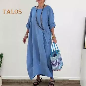 Лето-весна женское платье с круглым вырезом и длинным рукавом свободное однотонное прямое платье до щиколотки повседневная домашняя одежда макси-платье 2XL синий