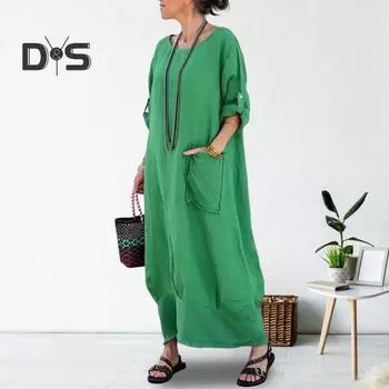 Лето-весна женское платье с круглым вырезом и длинным рукавом свободное однотонное прямое платье до щиколотки повседневная домашняя одежда макси-платье 2XL синий