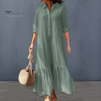 Лето-весна женское платье с лацканами с длинным рукавом с рюшами в стиле пэчворк плиссированные свободные трапециевидной формы с большим подолом половина однобортного длиной до щиколотки тонкий дышащий повседневный M хаки