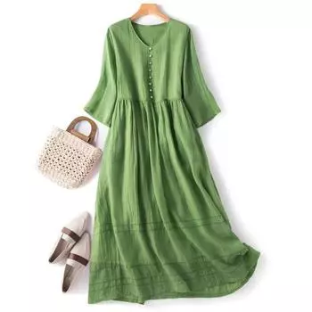 Лето-весна женское платье с половиной рукавов с V-образным вырезом трапециевидной формы, свободный подол, сплошной цвет, декор на пуговицах, двухслойное плиссированное платье-миди до середины икры L зелёный