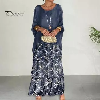 Лето-весна женское платье с рукавами «летучая мышь» три четверти, искусственный двухсекционный многослойный подол, свободное платье с круглым вырезом и принтом, свободное шифоновое сетчатое повседневное вечернее платье макси XL зелёный