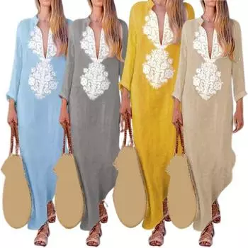 Лето-весна женское платье Свободное платье с принтом по бокам с глубоким вырезом и V-образным вырезом в стиле ретро в этническом стиле с длинными рукавами Повседневное свободное платье макси до щиколотки L серый