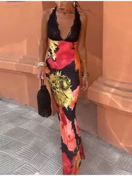 Лето Y2k сексуальное кружевное длинное платье с принтом женская мода шикарные вечерние платья без рукавов женские элегантные платья с открытой спиной на бретельках тонкая одежда S коричневый