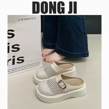 Летом 2025 года новая сетчатая кожаная поверхность круглая головная сумка головной убор полуперетаскивание пряжка ремня плетение ленивые крутые тапочки женские 35 белый