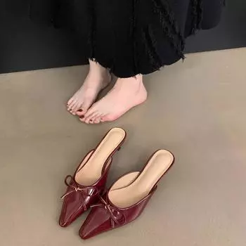 Летом 2025 года новые туфли Muller на среднем каблуке с бантом, полутапочки-мешки, женские туфли большого размера на высоком каблуке, классные тапочки 35 чёрный