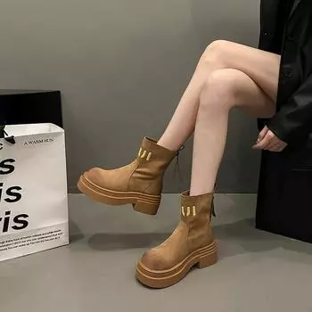 Letter back zipper round head retro martin boots women s 2024 autumn suede British Korean version thick heel thick sole short boots 35 жёлтый