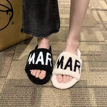 Letter Casual Versatile Mao Mao Slippers Women s New Autumn and Winter 2024 Outer Wear Thick Bottom One Pedal Lazy One-word Drag 35 чёрный