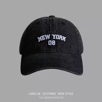 Letter Embroider Denim Baseball Cap Women Washed Distressed Retro Soft Peaked Cap Men Casual All-Match Hat Tide Black Adjustable