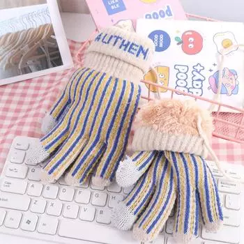 Letter Knitted Gloves Thickened Winter Velvet Mittens Retro Striped Gloves Outdoor Thin