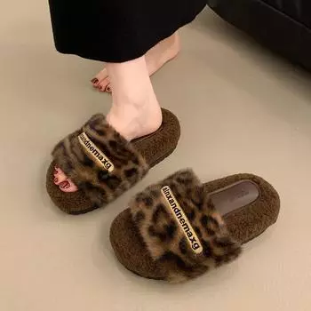 Letter outer wear fashion thick-soled cotton slippers women s 2024 autumn new casual warm and plush one-word fluffy slippers 35