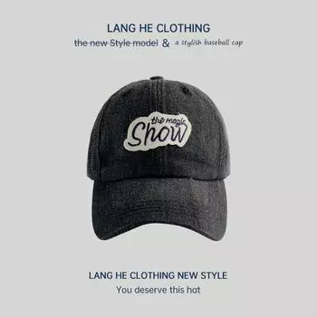 Letter Patch Washed Denim Baseball Cap Men Tide Peaked Cap Female Summer Casual Versatile Sun Protection Sun Shade Hat Show Washed Denim Black Adjustable