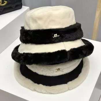 Letter plush hat women 2024 autumn and winter new furry bucket hat showing face small hat warm ear hat S54-56cm