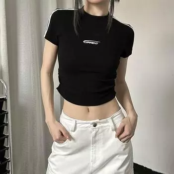 Letter Print Sexy Silm Midriff-Baring Short Sleeve Tops Black S
