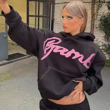 Letter Print Spring Loose Casual Hooded Sweatshirt Black M