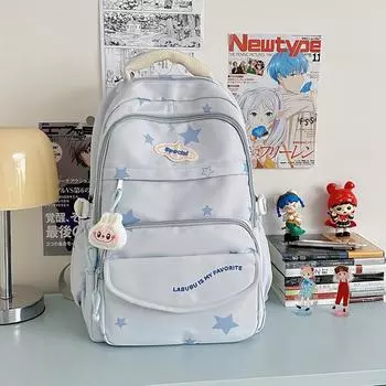 Letter Print Star Pattern Backpack With Multiple Compartments For Girls Teens Blue Pendant