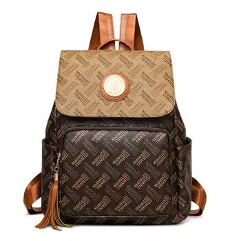 Letter Print Women s Backpack Tassel Student Schoolbag PU Travel Bag жёлтый/коричневый