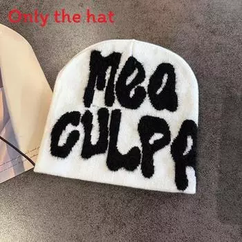 Letter Style Street Pattern Neutral Plush Casual Knitted Hat For Fall And Winter White