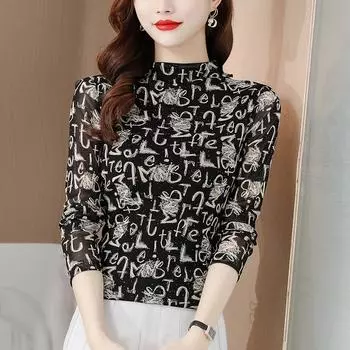 Letters and Color Mesh Top for Women In Autumn and Winter Half Turtleneck Bottoming Shirt Long Sleeves T-shirt Body-beautiful Shirt L