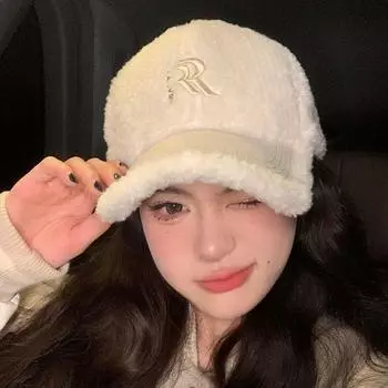 Letters Winter Baseball Cap Double R Plush Peaked Cap Fashion Lamb Wool Hat Winter