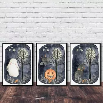 Летучая мышь и Джек Фонарь на Хэллоуин, настенная живопись на холсте, милый черный кот и призрак, плакат, настенная картина для детей, декор на Хэллоуин 21x30cm No Framed
