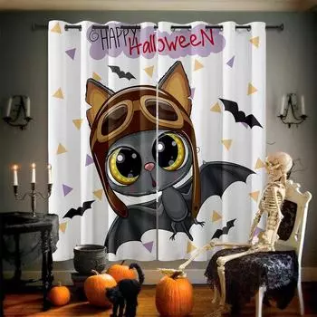 Летучая мышь тыква ужас мультфильм принт занавес ресторан Хэллоуин вечеринка украшение занавес подарок украшение для дома 2 шт W50xH140(CM)x2PCS&Rod pocket