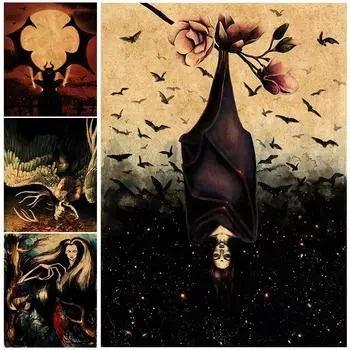 Летучая мышь ведьма и полнолуние демон настенное искусство холст Painitng декоративные магические виды ретро постер и принты для декора гостиной без рамки