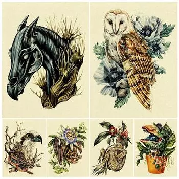 Летучие мыши, совы, цветы женьшеня, пираньи, крокодилы, растения, настенная живопись на холсте, загадочное животное, искусство, декор с принтом, без рамки 21*30cm