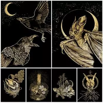 Летучие мыши, вороны и новолуние, винтажная настенная живопись на холсте, черепаха, город-призрак, волшебники, язычники 21cm30cm NoFrame