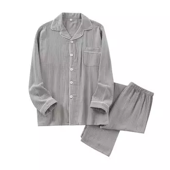 LEVANA Пижама с длинным рукавом из двойной марли, Свободная, Удобная, Больничная и Осенняя, Мужская, 100% Хлопок, Набор из 2 предметов, Посадка, Мягкая, Приятная к коже, серый