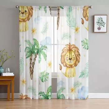 Лев эскиз Саванна животных дикой природы экзотические шифоновые прозрачные шторы для гостиной спальни оконные вуали тюлевые занавески 135W x 114H(cm)
