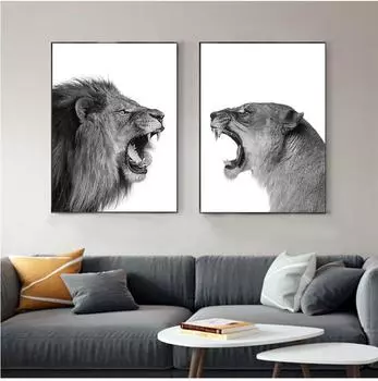 Лев и львица холст черно-белые лесные животные настенная живопись печать живопись детская настенная картина для гостиной без рамки 21*30cm