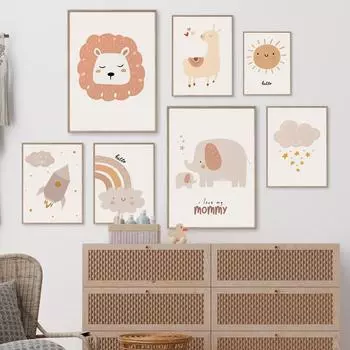 Лев, кролик, гусь, слон, радуга, солнце, постеры и принты, холст, живопись, настенное искусство, детская комната, бохо, детская комната, домашний декор 21X30cm No Frame